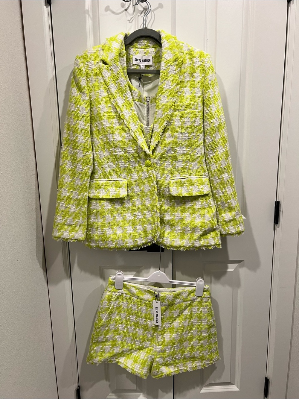 Steve Madden Neon Lime and White Houndstooth Tweed Blazer, crop top, & Shorts